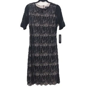SHARAGANO Black Nude Lace Dress Bodycon Size 8